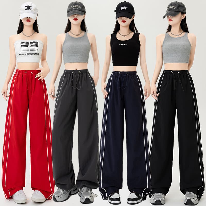In Stock American Style Quick-Dry Cargo Pants for Women 2026 Spring Summer Drawstring Cuffed Straight Leg Loose Casual Wide Leg Pants