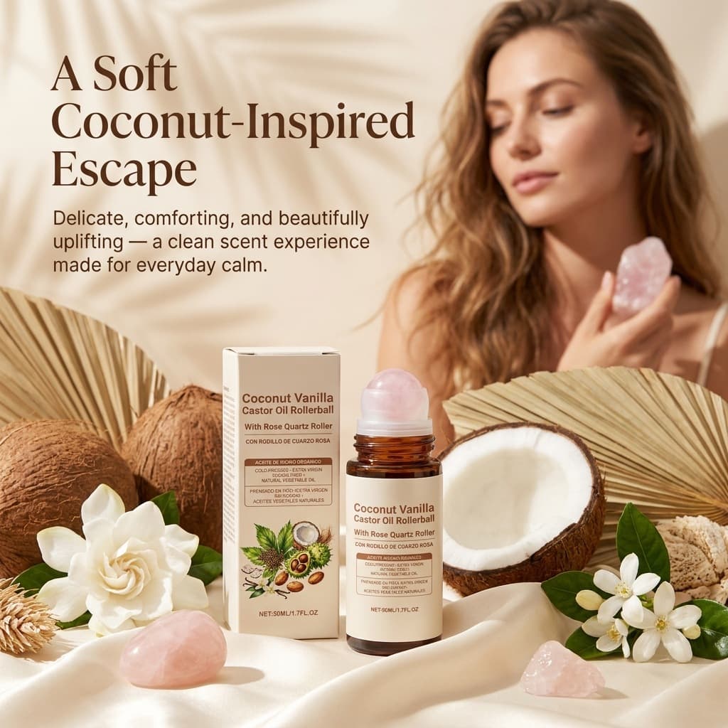 Coconut Vanilla Quartz Rollerball Castor Oil Skin Care Moisturizing Softening Portable Massage Nourishing Body Care