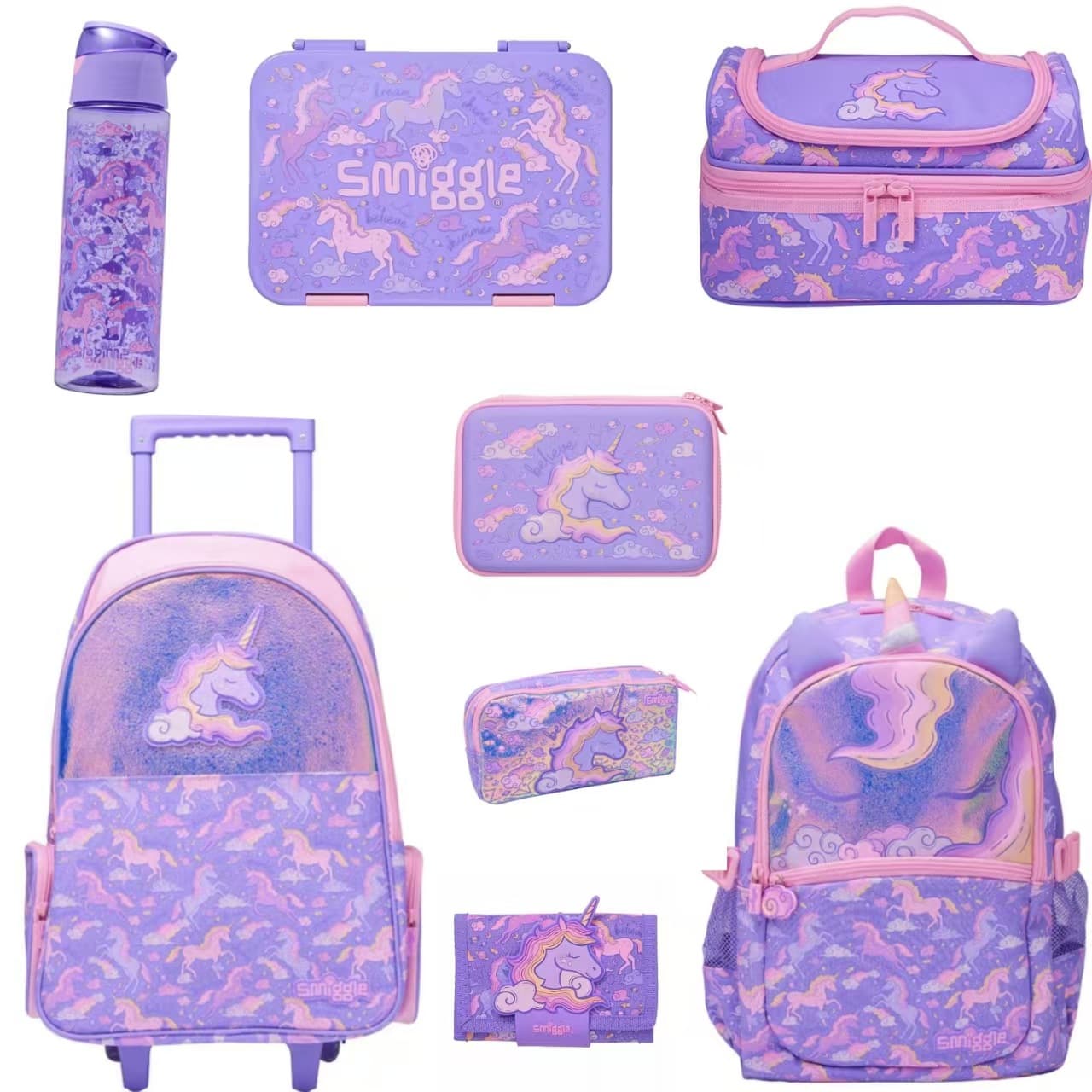 Australia Smiggle School Backpack Student Double Shoulder Bag Children's Trolley Bag Purple Auspicious Cloud Unicorn Set Series