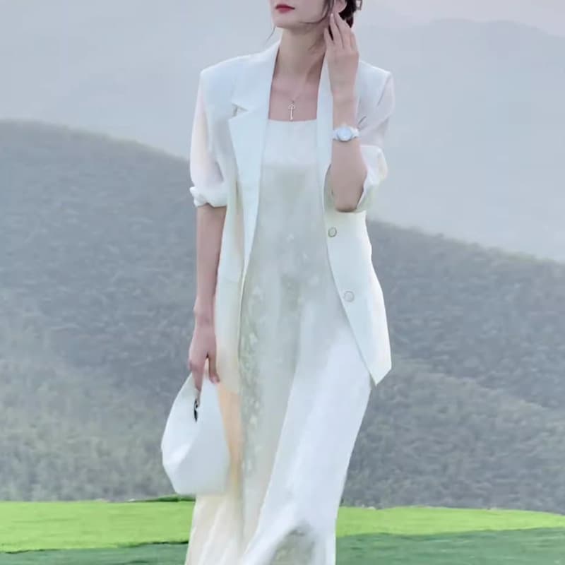 XZ135 white suit plus size women's thin satin back slit suit fat girl long-sleeved suit sun protection shirt outer