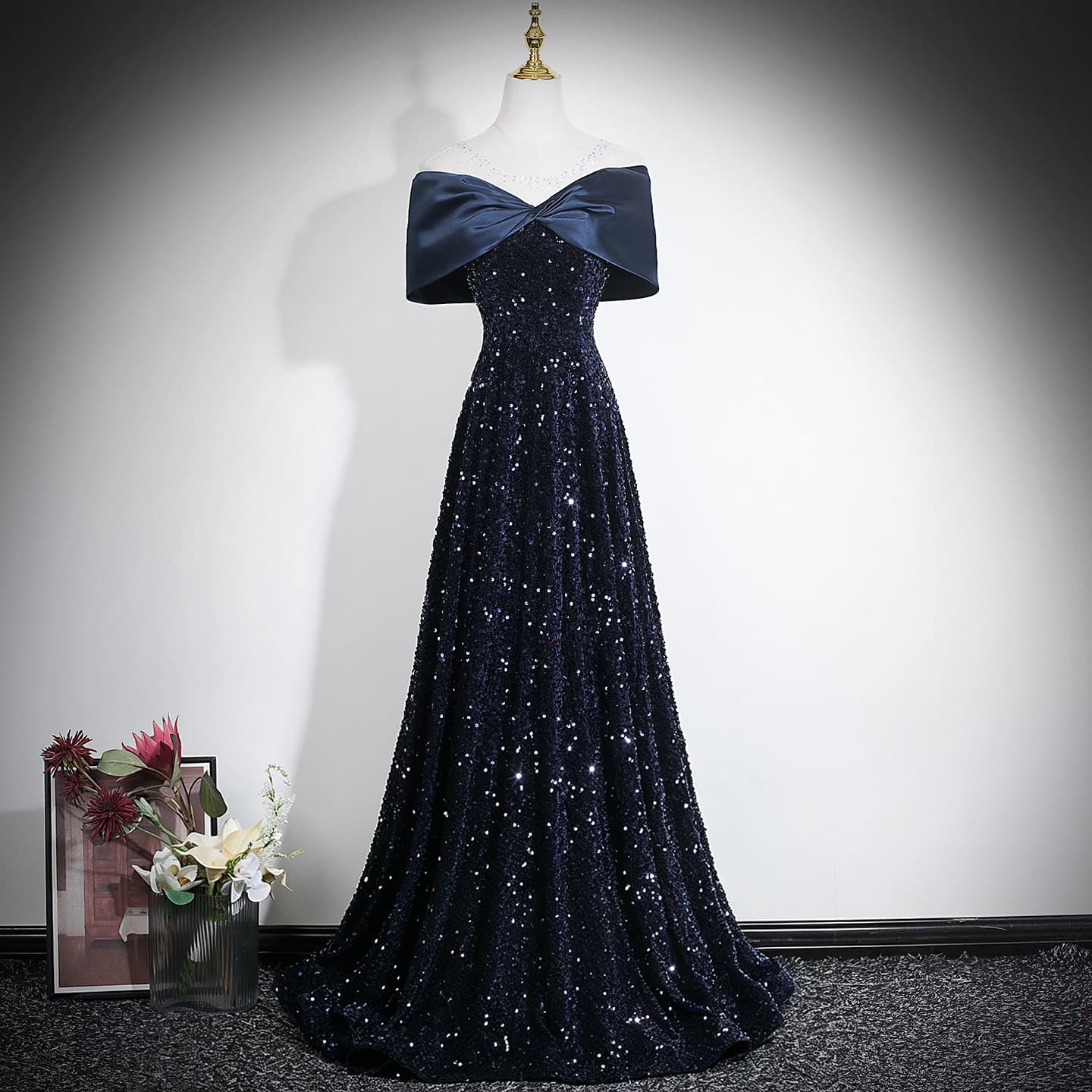 Choir Performance Dress Dark Blue Starry Evening Gown Women One-Shoulder Long Dress High-End Luxury Banquet Hostess