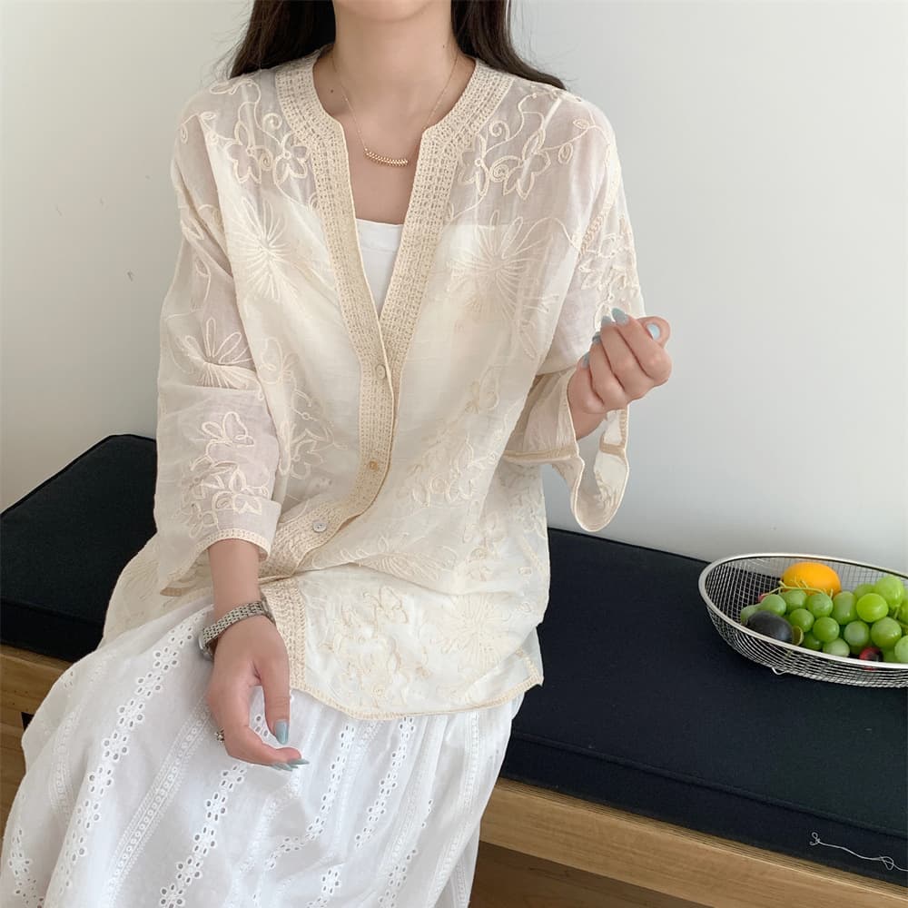 Korean V-Neck Washed Pure Cotton Embroidered Blouse for Women, Summer Thin Sun-Protection Cardigan, Loose Seven-Sleeve Cover-Up Top