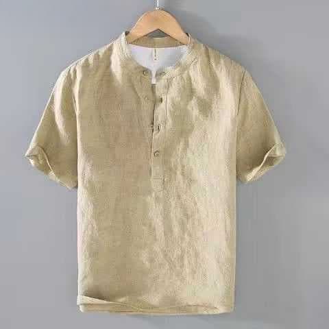 Fresh Stand Collar Pullover Short Sleeve Cotton Linen Shirt Men's Casual Summer Loose Youth Artistic Linen Shirt
