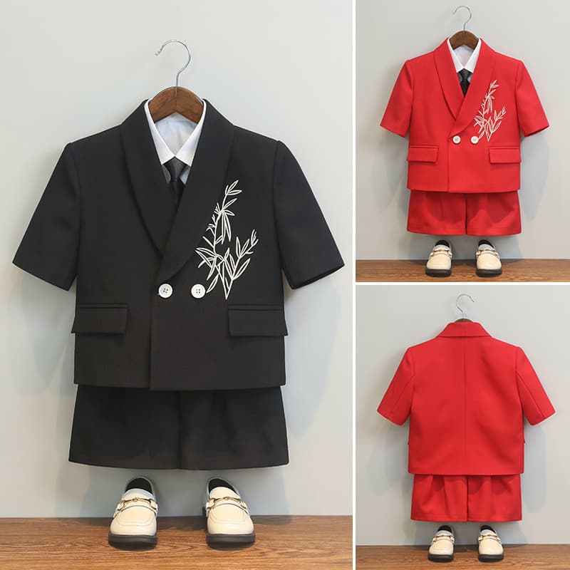 Boys' New Chinese Style Casual Suit, Children's Summer Short Sleeve Set, Chinese Style Handsome Wedding Host Embroidered Formal Wear