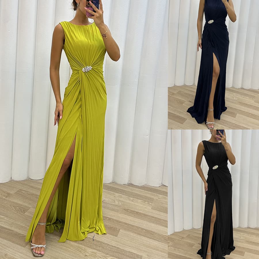Cross-border 2023 European and American new style pleated slit casual dress INS sleeveless fashion dress evening dress for women