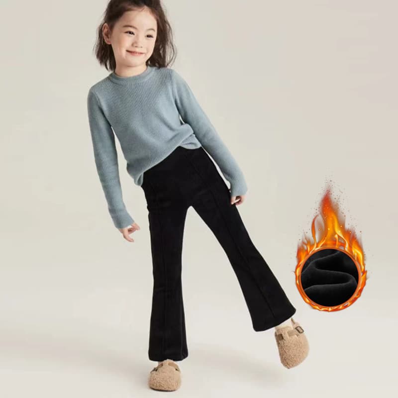 Girls' Spring Autumn Bell Bottom Pants Fleece Lined Cotton Korean Style Children's Trousers High Waist Long Pants Black