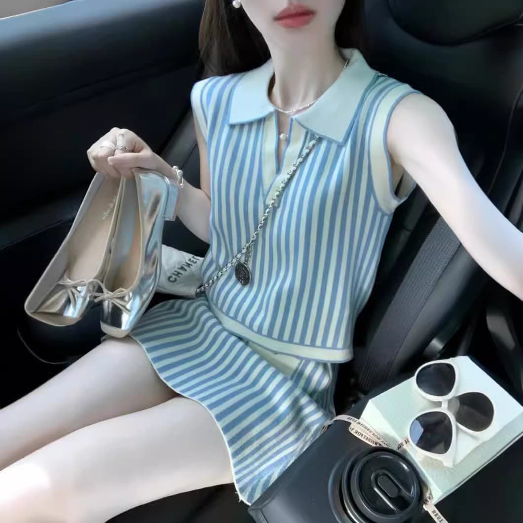 Summer Dress Set: Fashionable High-End Striped Top and Skirt Suit, Western-Style Two-Piece Women's Outfit