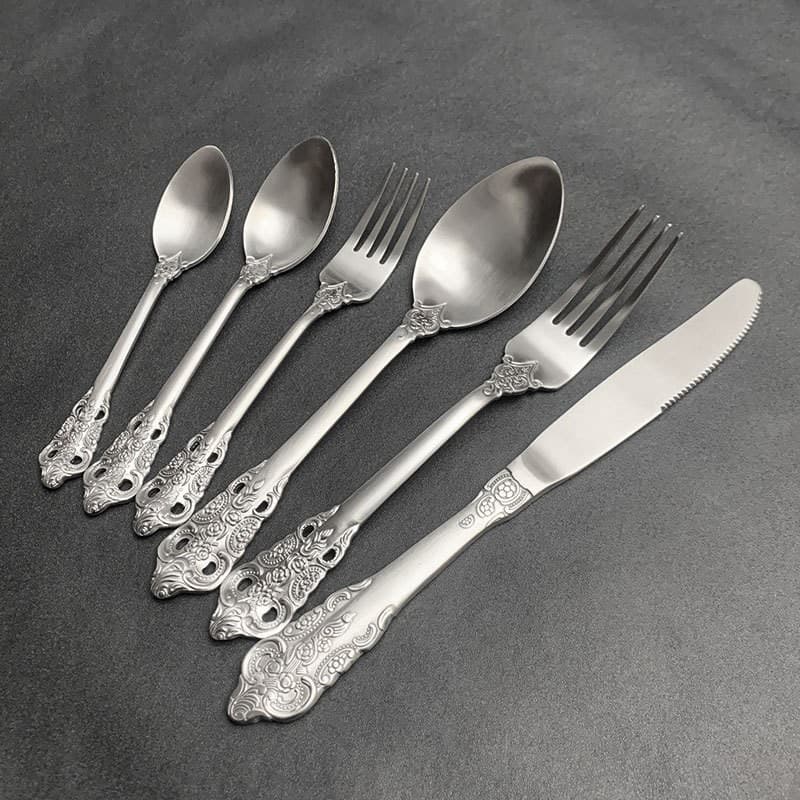 Cross-border Stainless Steel Royal Cutlery Set Vintage European Relief Creative Steak Knife Fork Spoon Tea Spoon Tea Fork Western Tableware