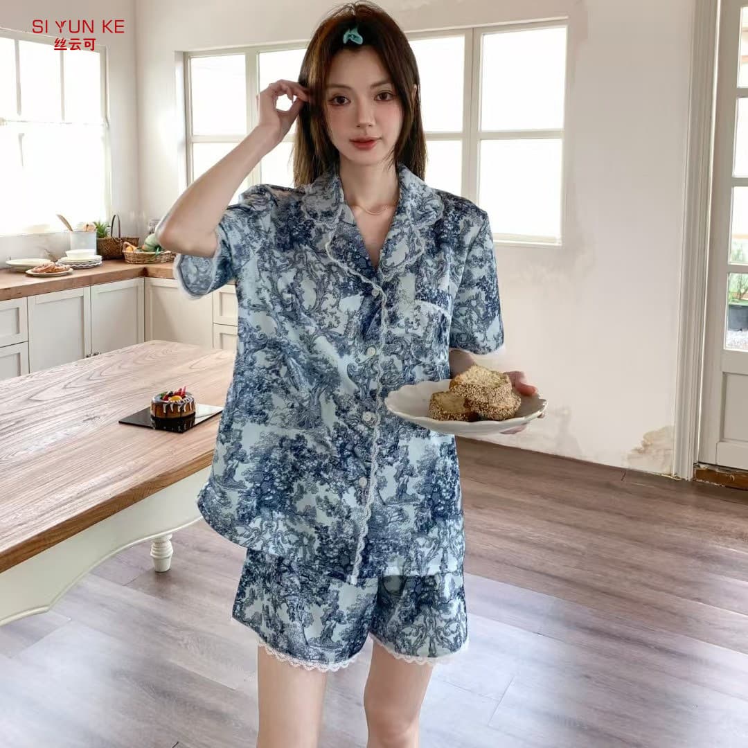 Summer Blue Floral Ice Silk Premium Sleepwear Women's Short Sleeve Shorts Homewear Wearable Outside Lace Trim Turn-Down Collar Style