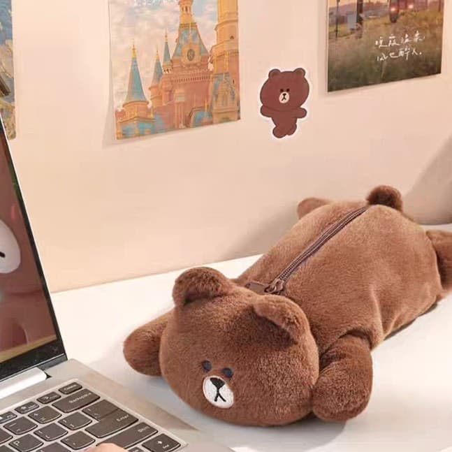 Cartoon Brown Bear Plush Pencil Bag Junior High School Cute Pencil Bag Little Red Book Stationery Student Doll