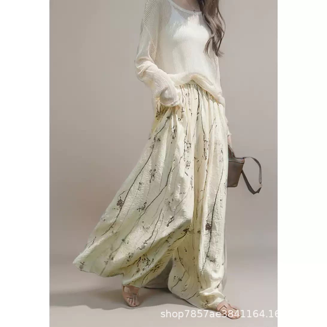 New Chinese style retro elastic waist slimming wide leg trousers summer ink print elastic waist literary retro nine-point skirt