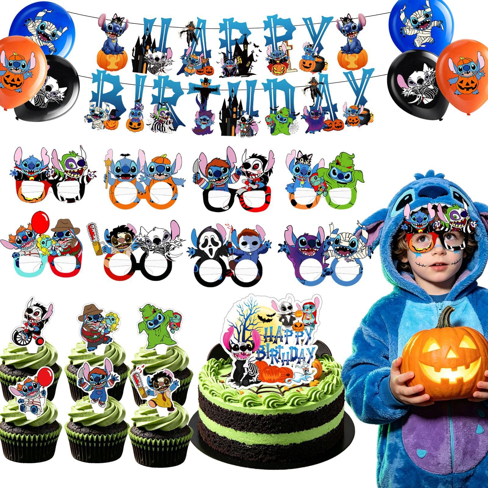 Cross-border Halloween Stitch birthday suit flag balloon photo glasses cake card children's party decoration