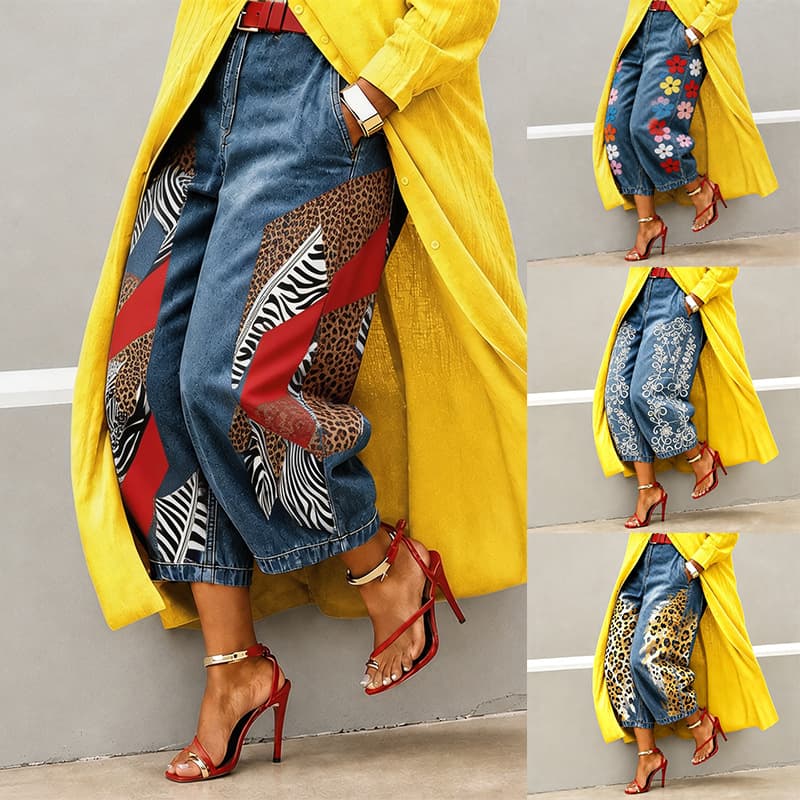 Genuine Denim Direct-Injection Print Cross-Border European & American Style Women's Straight-Leg Mid-Rise Wide-Leg Cropped Jeans, One-Piece Custom Print