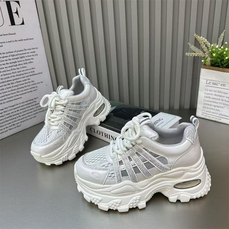 Hollow Rhinestone Cushion Chunky Sandals Women 2026 Summer New Breathable Mesh Elevated Sports Lightweight Casual Shoes