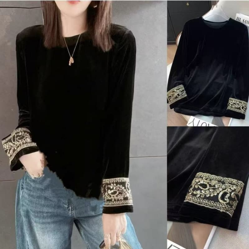 Mom's New Early Spring Heavy Embroidery Long Sleeve Round Neck Chinese Style Loose Short Women's Top, Black