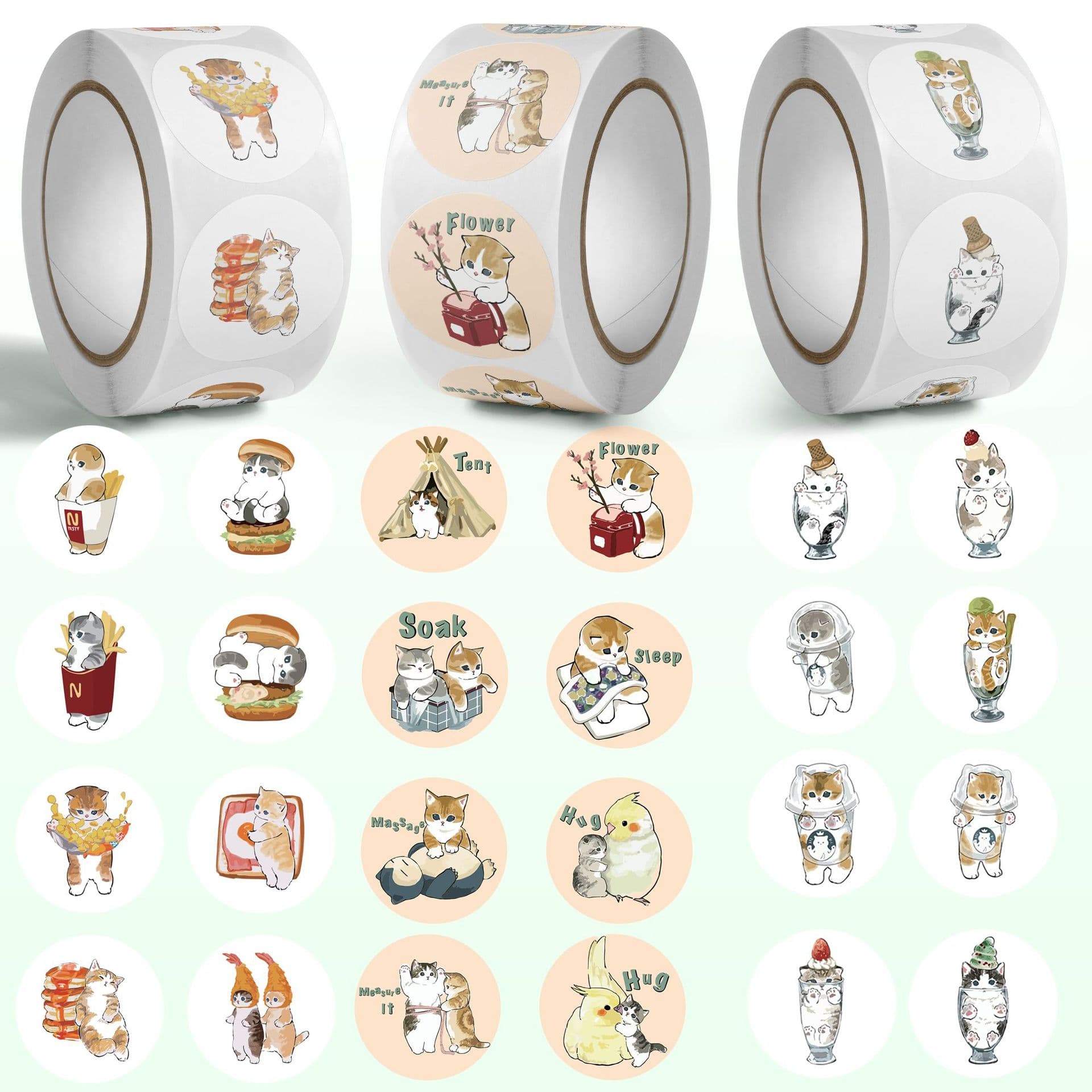 Cartoon cat collection children's creative sealing stickers ins decorative sealing stickers card wall stickers inspirational roll stickers 500 pieces