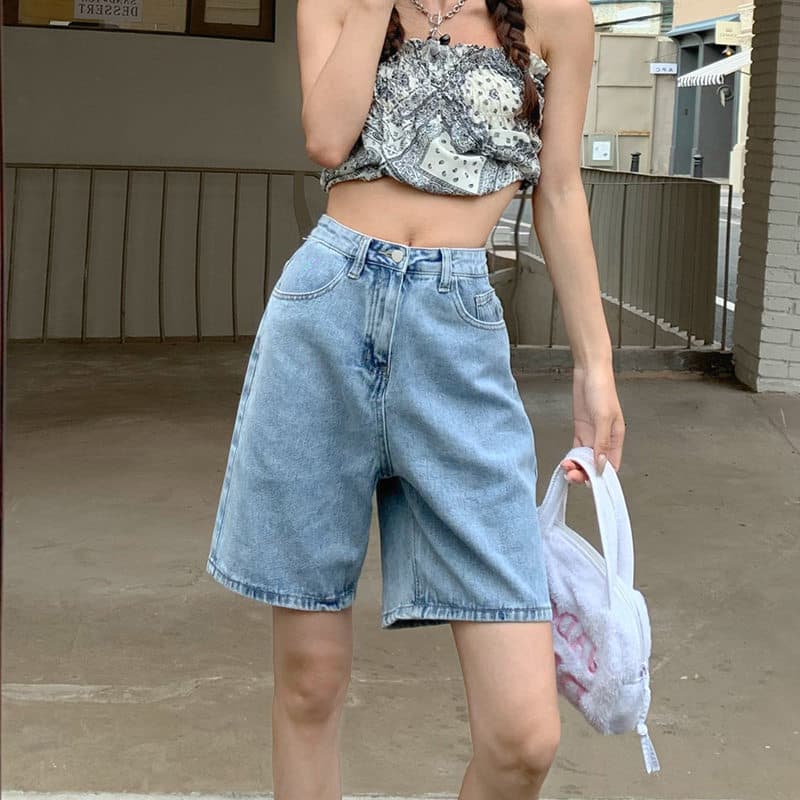 Petite Retro Vintage Blue Wide-Leg Denim Shorts for Women Summer Loose Slimming 5/4 Length Straight-Leg Student Mid-Length Trendy