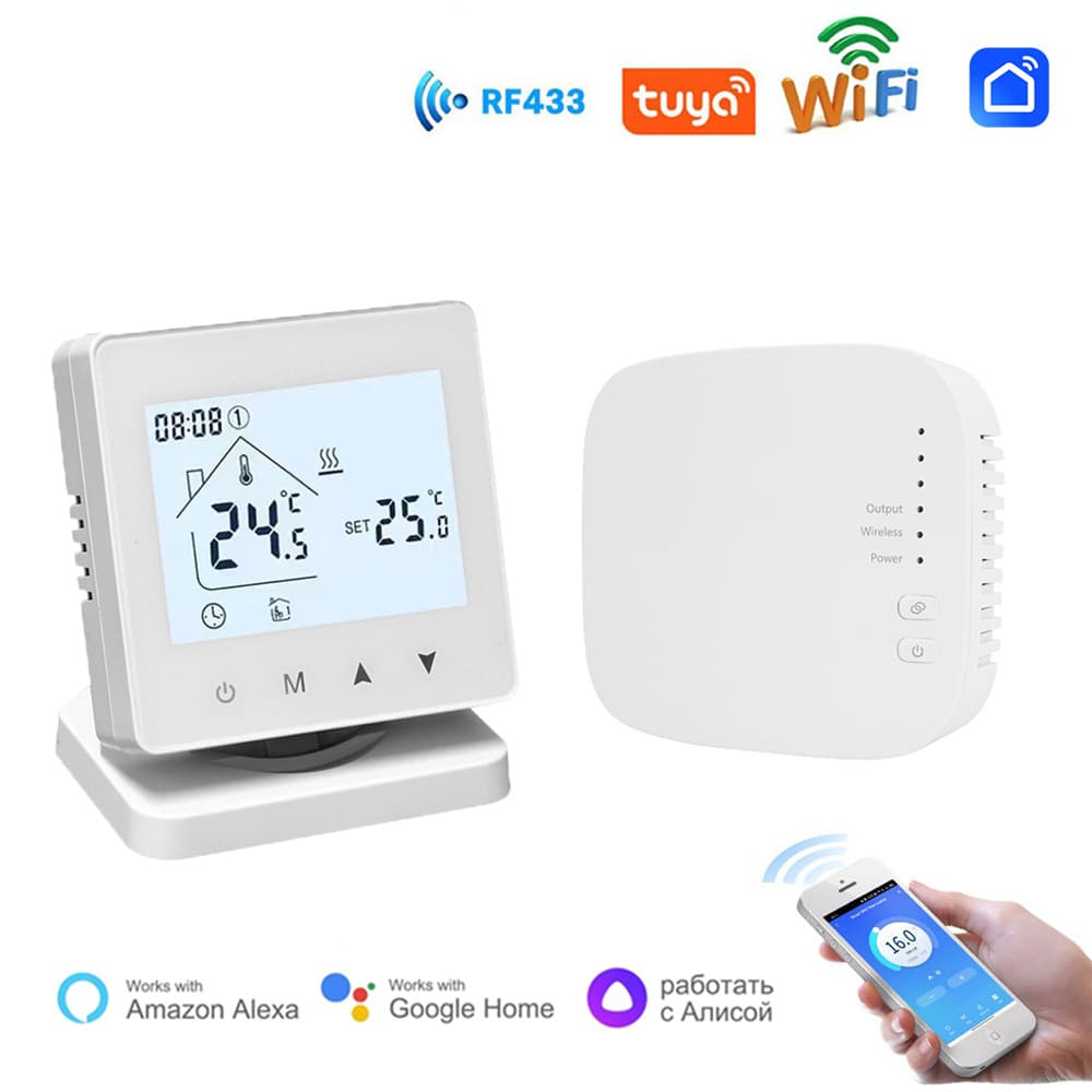 Smart WiFi Wireless Underfloor Heating Thermostat RF433 Water Gas Wall Mounted Boiler Thermostat USB Battery One to One