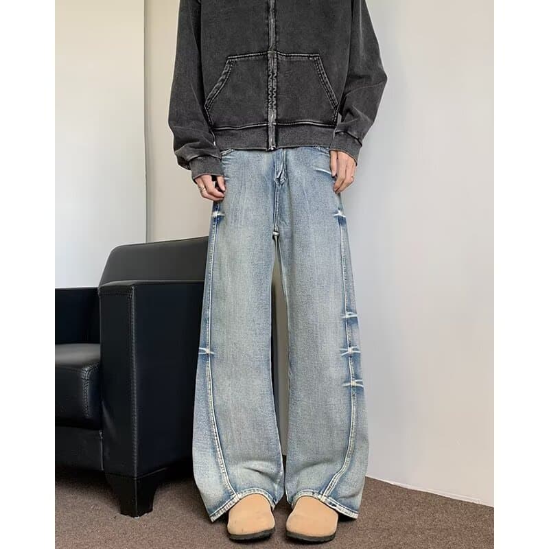 Light blue wide-leg jeans for men, spring and autumn American retro baggy loose casual versatile straight trousers
