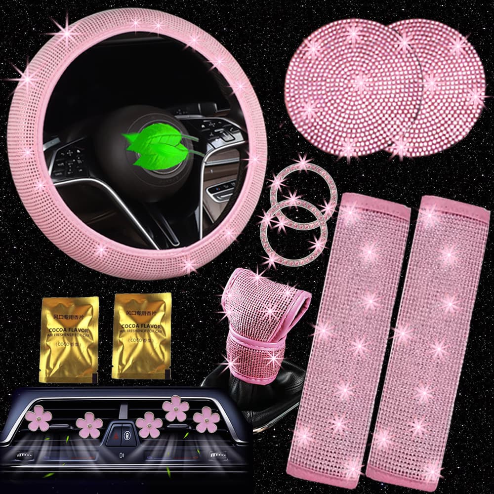 Cross-border Trade Rhinestone Steering Wheel Cover Set with Seat Belt Cover, Full Rhinestone Car Cup Mat, One-Button Start Ring, and Aroma Disc
