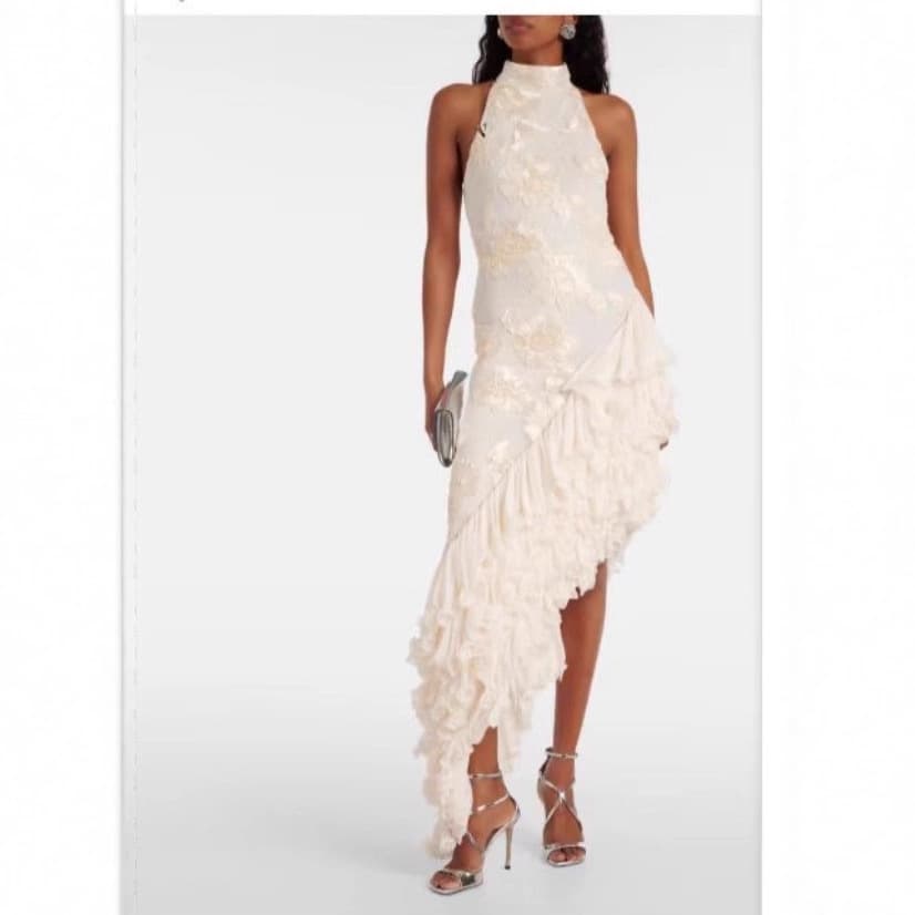 European and American elegant simple high-end sense 2025 spring new round neck sleeveless waist-cut 3D floral irregular dress
