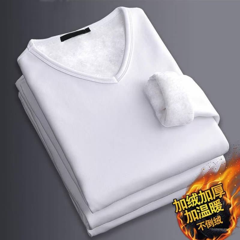 Autumn and winter long-sleeved warm plus velvet men's V-neck T-shirt bottoming shirt solid color men's sweetheart neckline with thickened autumn coat