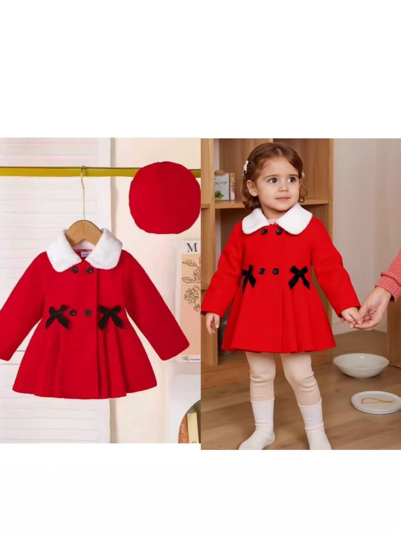 Foreign Trade Children's Clothing Toddler Girls Autumn Winter New Plush Collar Bow Belt Red Wool Coat Hat 2-Piece Set