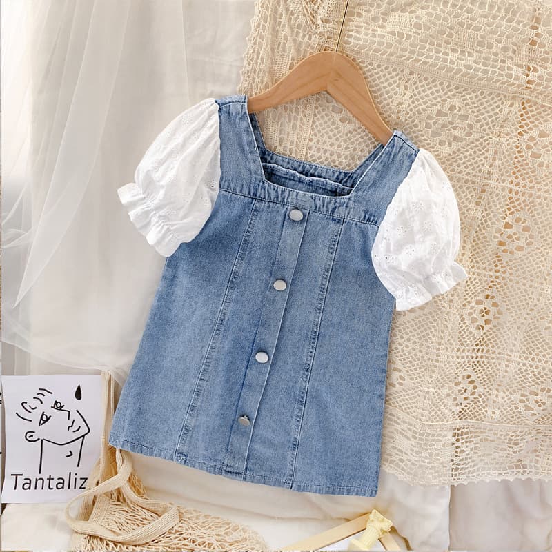 Summer Girls Short Sleeve Denim Dress 2026 New Korean Style Patchwork Dress Trendy Children's Dress