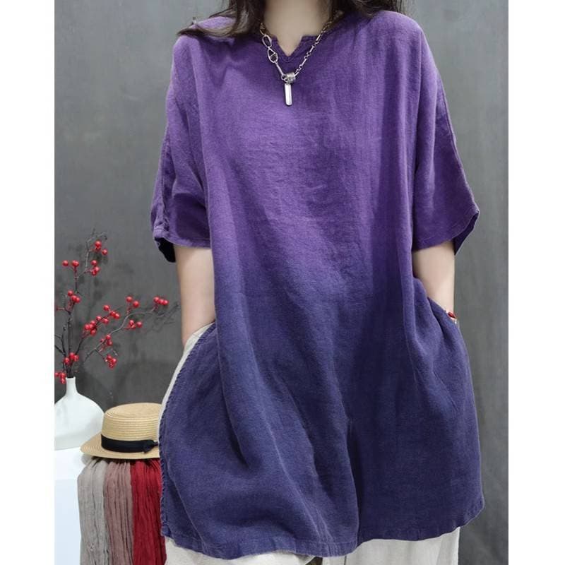 In Stock 2026 Summer New Retro Linen Tie-Dye Washed Oversized Shirt for Women Loose Fit Versatile Style 3/4 Sleeve Top