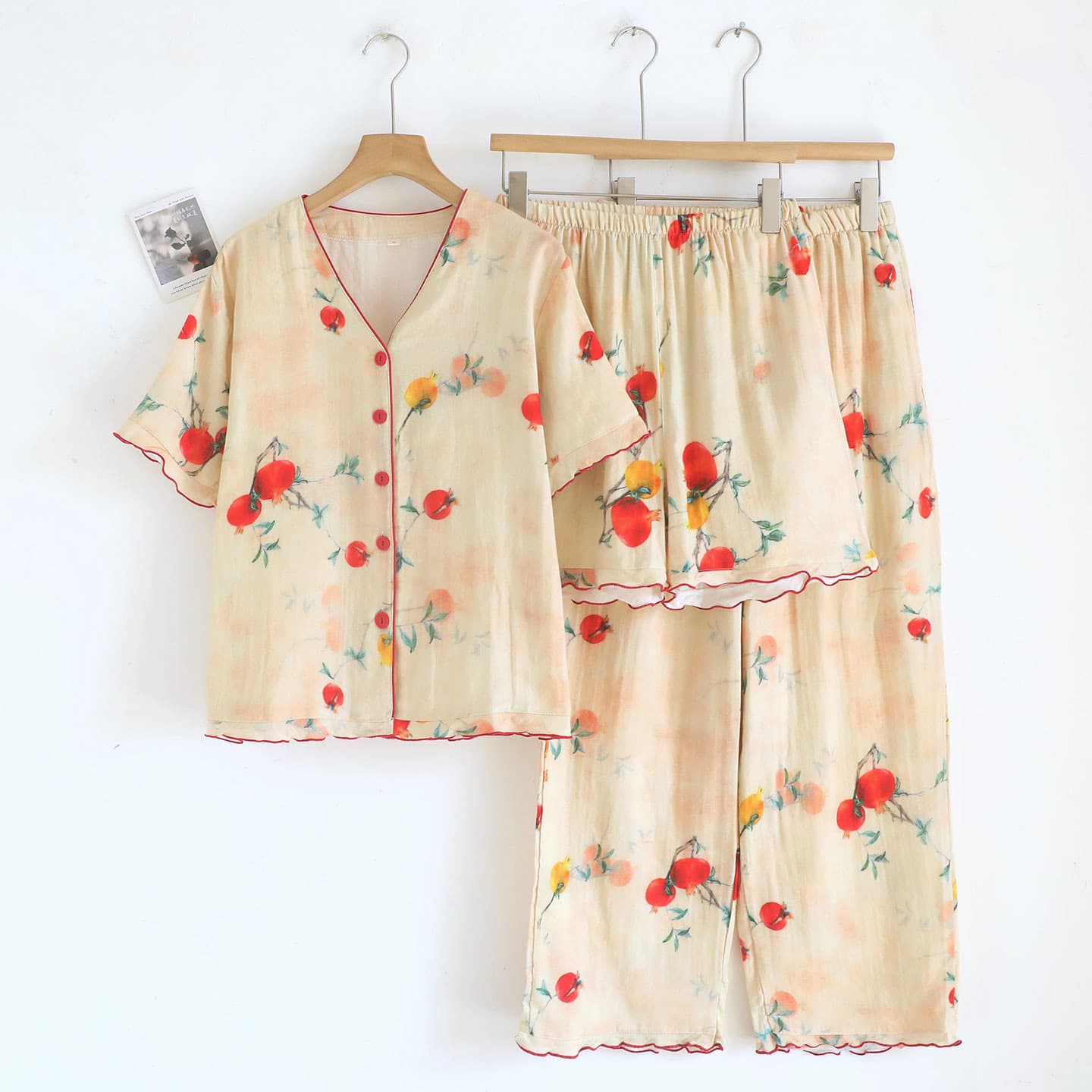Simple V-Neck Short Sleeve 3-Piece Set Sleepwear for Women Spring Summer Autumn Pure Cotton Thin Homewear Simple Comfortable Wear-Out