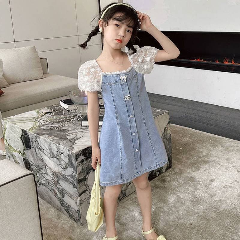 Children's Girls Dress Summer New Style Bubble Short Sleeve Fashionable Denim Skirt Lace Princess Dress