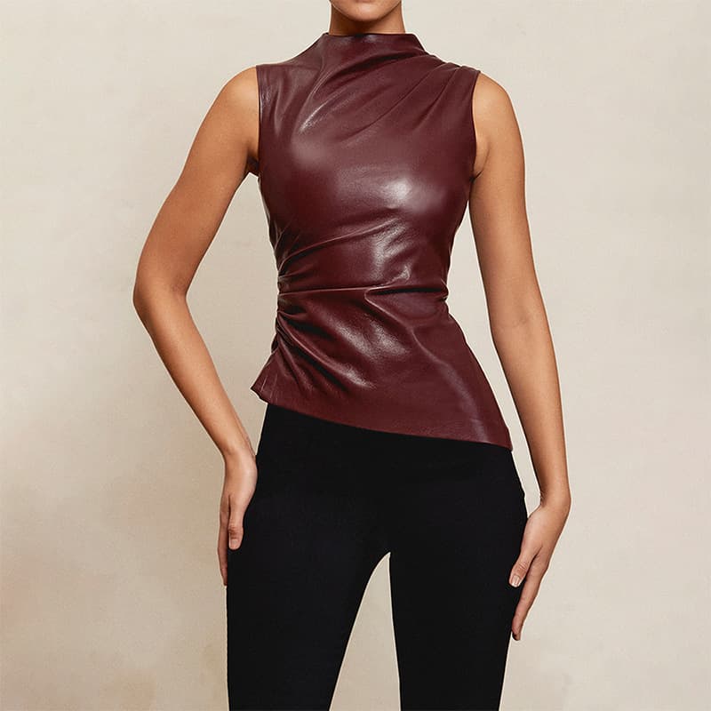 Leather Crop Top Women's Sleeveless Vest Waist-Cinching Asymmetrical Hem Street Style Trendy Personality European And American Fashion