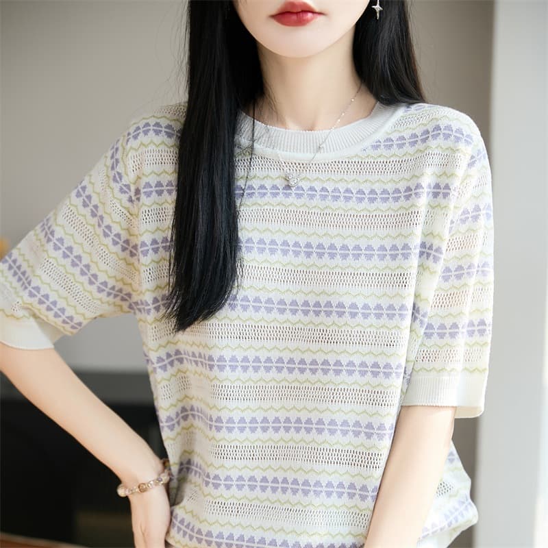 Tencel Lyocell Round Neck Knit Short Sleeve Women Hollow Color Block 2026 Spring Summer New Pullover Top T-Shirt