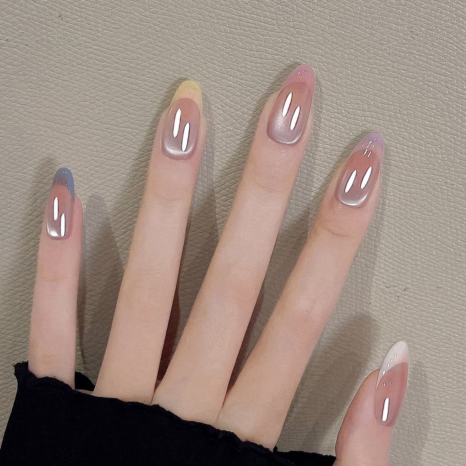 Wearable Nail Wholesale Nude Pink Aurora Glass Bead Cat Eye Gradient Manicure Brightening Gentle False Nail Tips Stickers