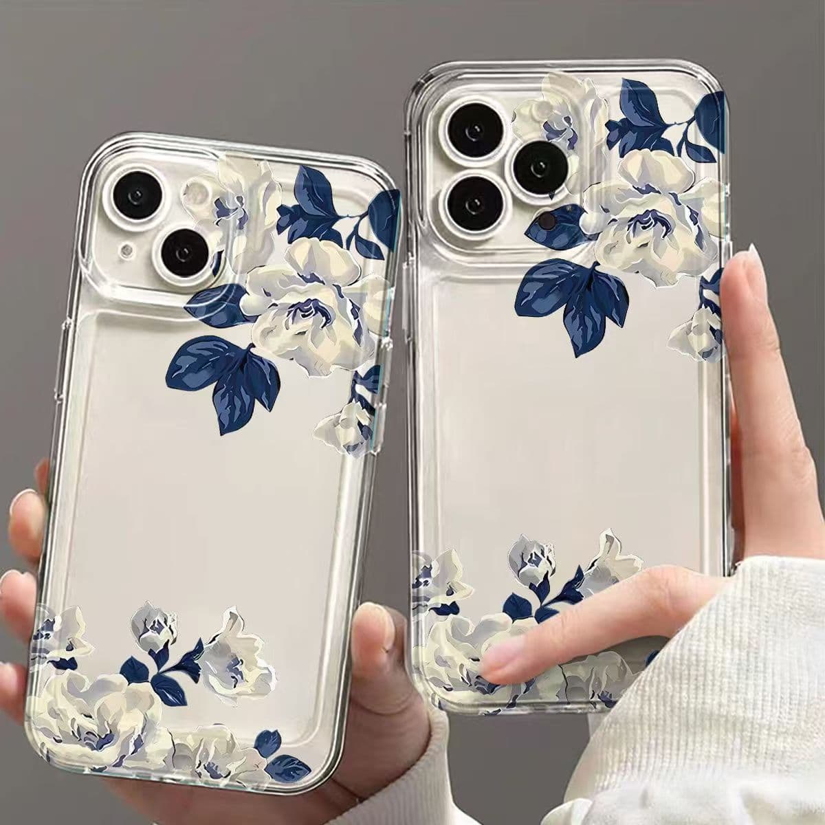 Blue Elegant Floral Design for iPhone 17 Pro Max Space Phone Case, Apple 16 Transparent 15/14 Precision Cut 1