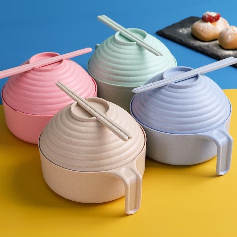 Large Capacity Wheat Straw Noodle Bowl with Lid Soup Bowl for Student Dormitory Portable Rice Bowl for Office Workers