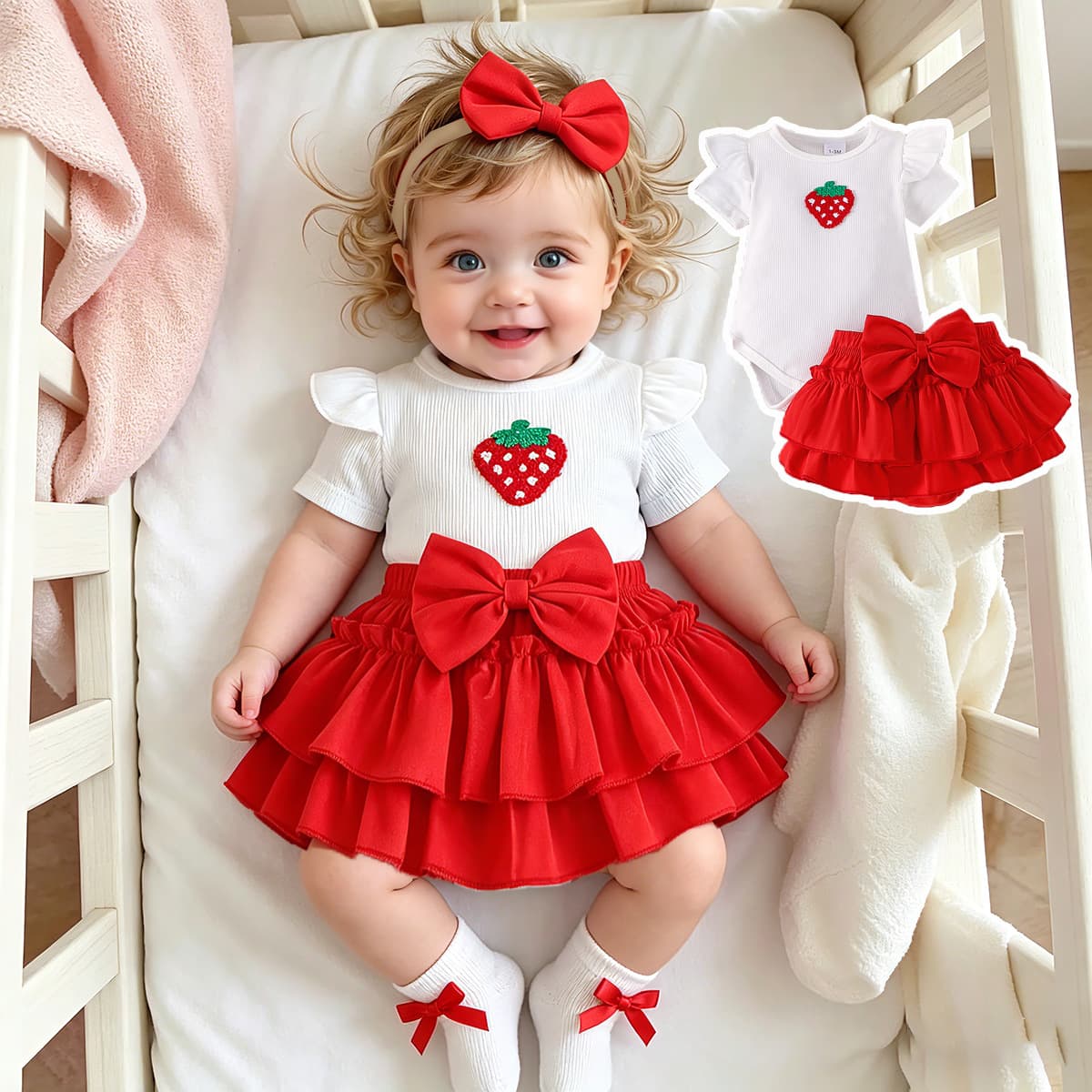 Amazon baby girl summer short-sleeved fruit embroidered romper jumpsuit + skirt + hair accessories + socks four-piece set
