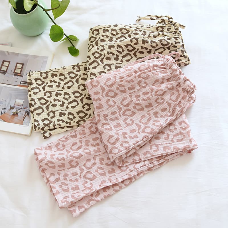 Spring/Autumn Pure Cotton Gauze Sleep Pants for Women, Leopard Print All-Cotton Bubble Cotton Long Pants, Summer Lounge Pants, Simple Straight Loose Fit