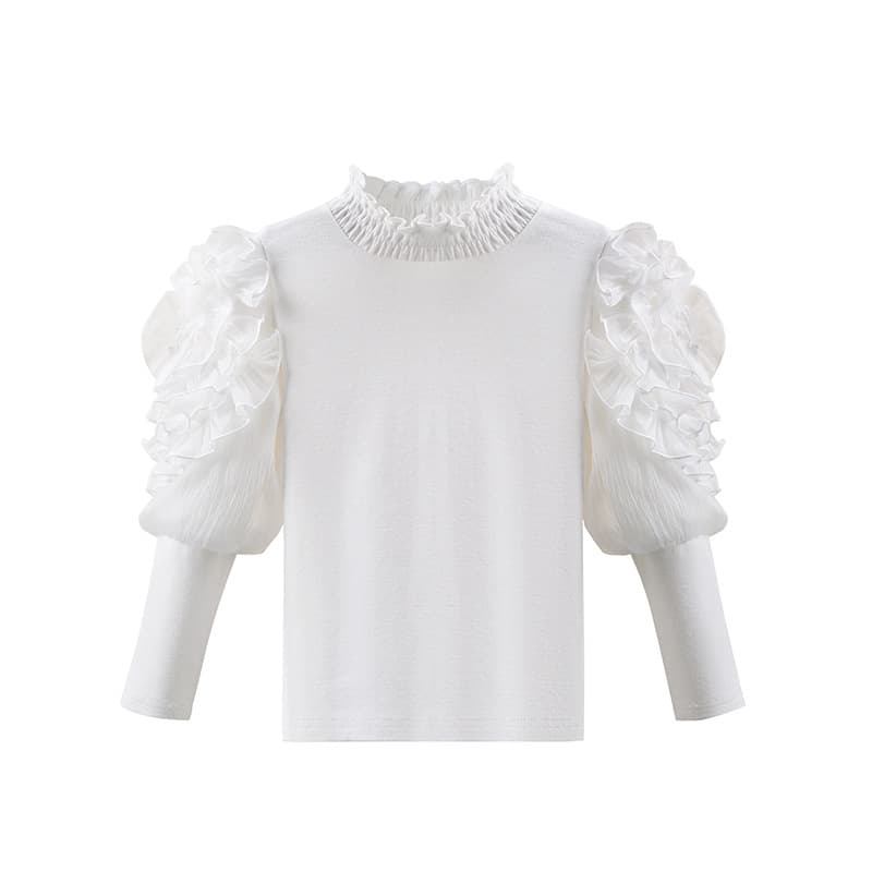 Princess Style Girls' Base Layer Shirt White Slim Fit Baby Bubble Sleeve Knitted Sweater Inner Wear Versatile Top for Autumn Winter
