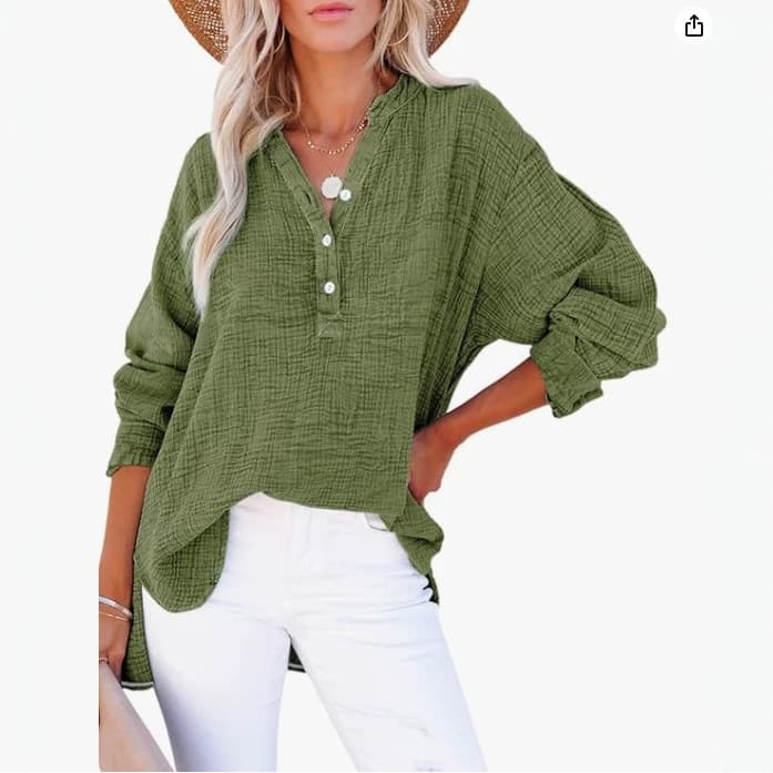 Women's Casual Button Up V Neck Long Sleeve Shirt Oversized Solid Color Shirt Tops