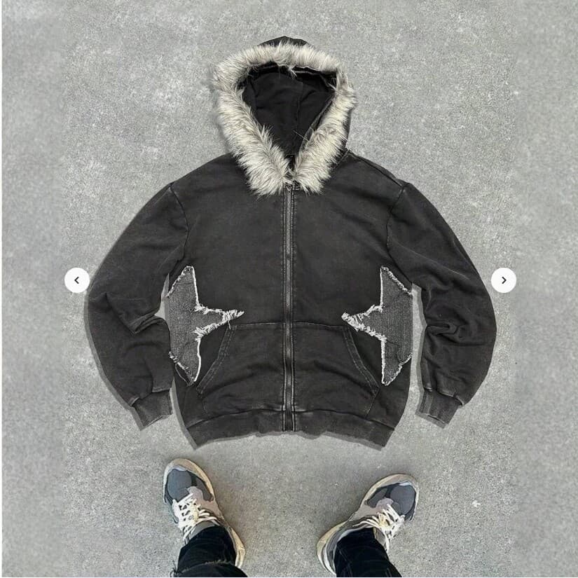 [Factory Direct Supply] Winter American Retro Washed Distressed Fur Collar Hoodie Star Patchwork Zip-Up Hoodie Jacket