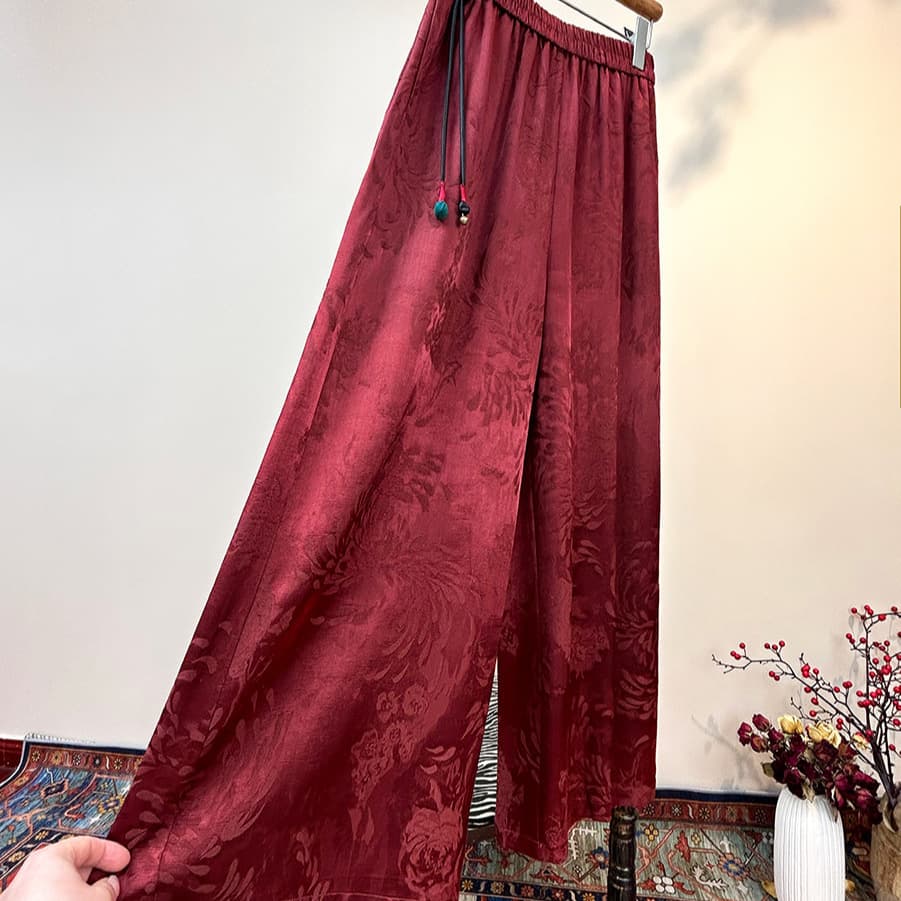 2025 spring new style new Chinese-style fringe pants traditional elegant wide-leg pants jacquard simple fashion casual pants.