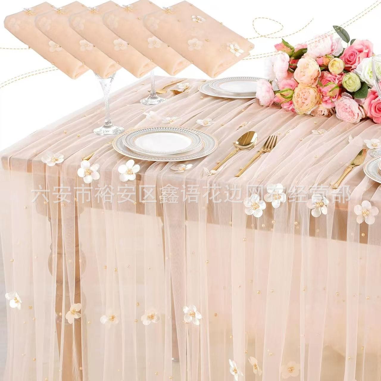 Amazon Hot Selling Floral Pearl Tulle Table Runner for Background Decoration, Birthday Party Photo Backdrop