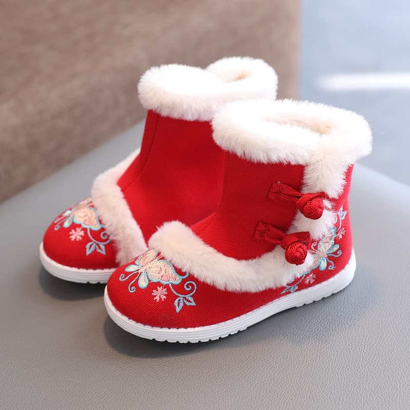 Winter Girls' Hanfu Shoes Old Beijing Cloth Shoes Ancient Style Children's Embroidered Shoes Fleece-Lined Boots Chinese Style New Year Shoes