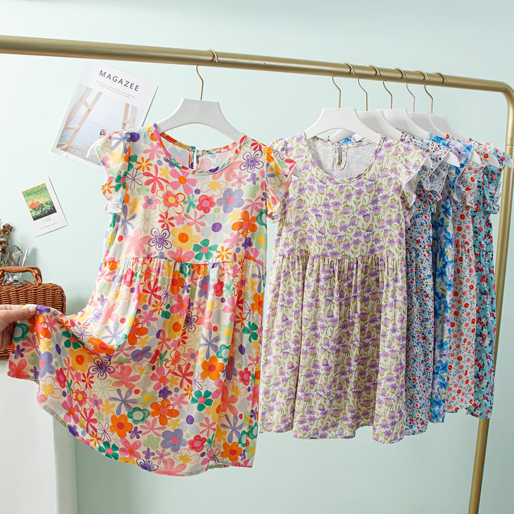 2026 Summer New Girls Cotton Silk Floral Dress Medium and Big Baby Baby Flying Sleeves Loose Outerwear Skirt