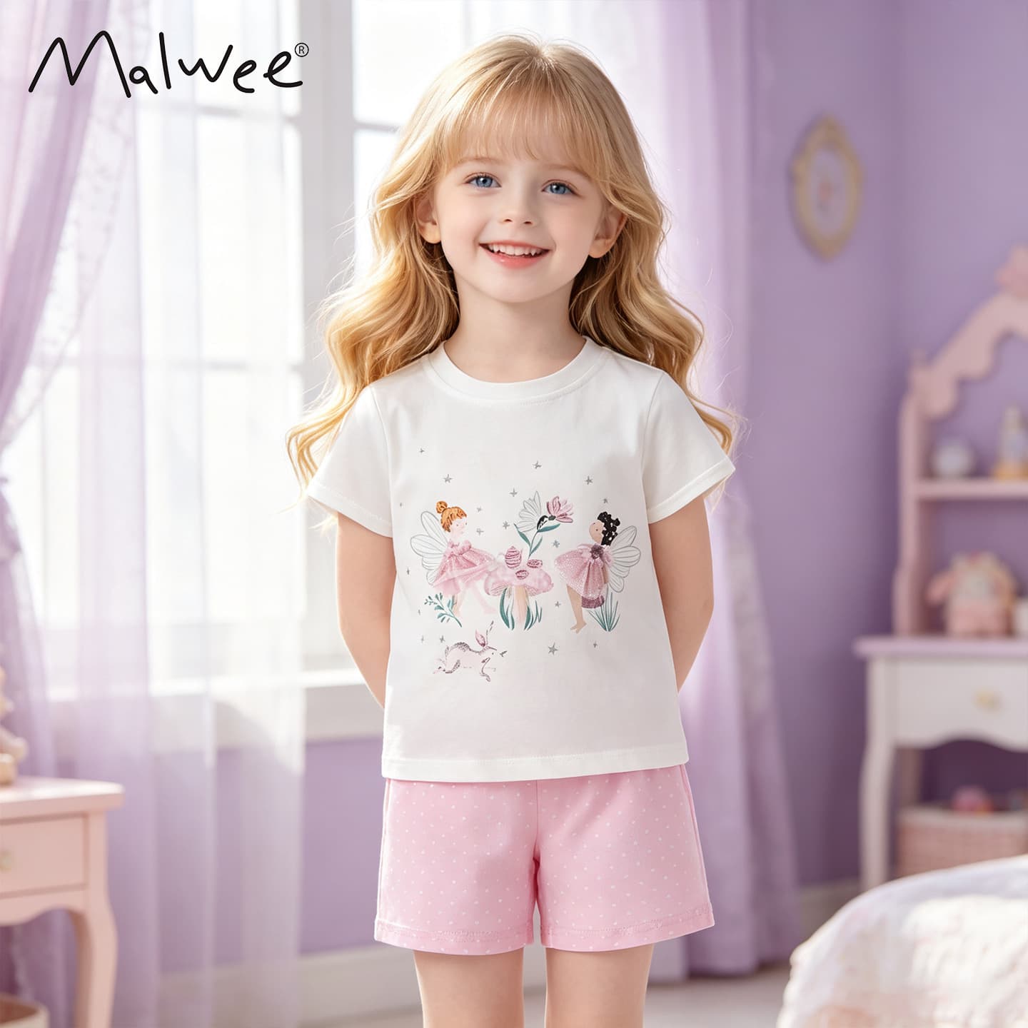 malwee girls' short-sleeved summer new style European and American children's round neck short-sleeved shorts casual children's two-piece set