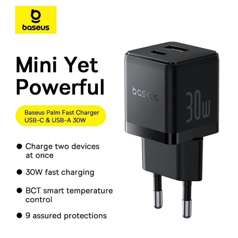 Baseus EU Plug 30W Fast Charger Phone Charger Compatible with Apple 12/14 Fast Charging iPhone 16 Mini Charging Head