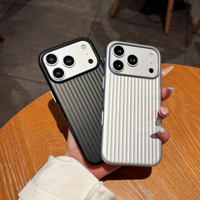 Corrugated Metallic Paint Luggage Phone Case for iPhone 17 Pro Max, 15, Apple 16, Striped Metal Buttons