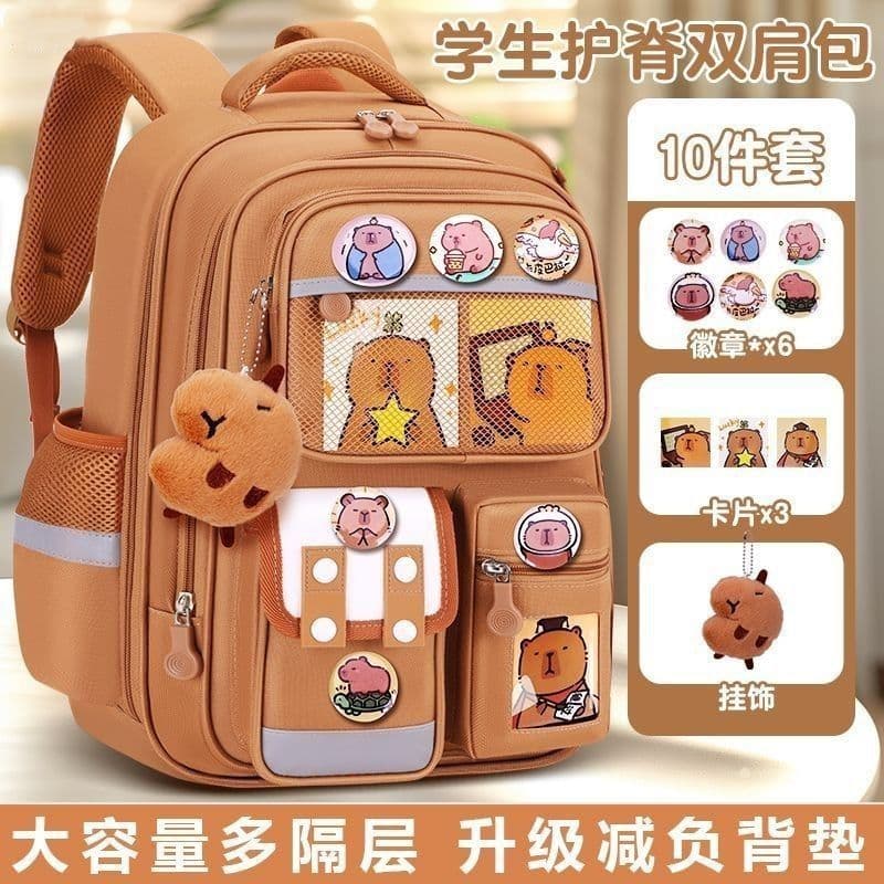 Capybara 6-12 Years Kids Backpack for Grades 1-6, Boys & Girls Primary School Anti-Scoliosis Weight-Reducing Double Shoulder Bag