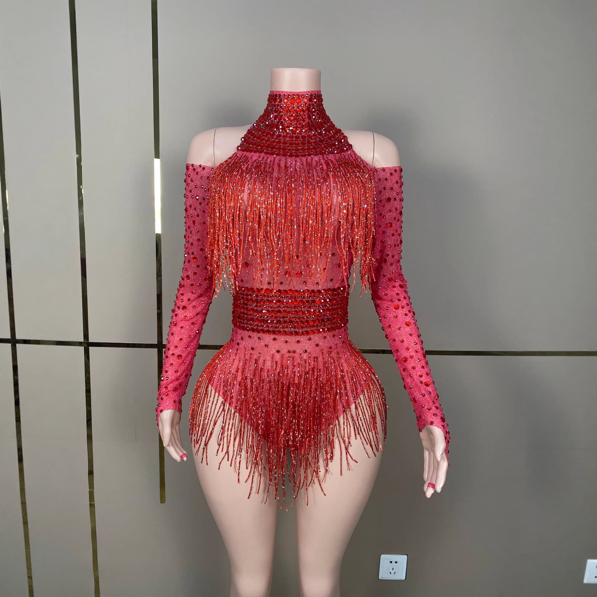 Performance Outfit Nightclub Bar Women's Full-Diamond Red Fringe Bodysuit Singer Dance Team Girl Group Performance Shining Stage